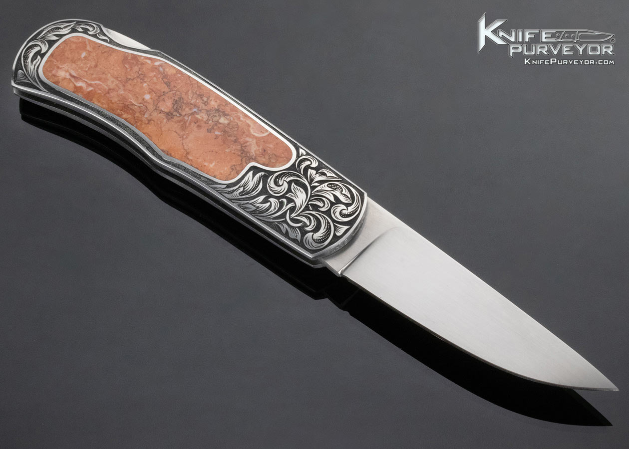 Eldon Peterson Custom Knife Engraved by G. Grimm Lockback Morrisonite Jasper Inlay (Knife Featured in a Video) - Image 3