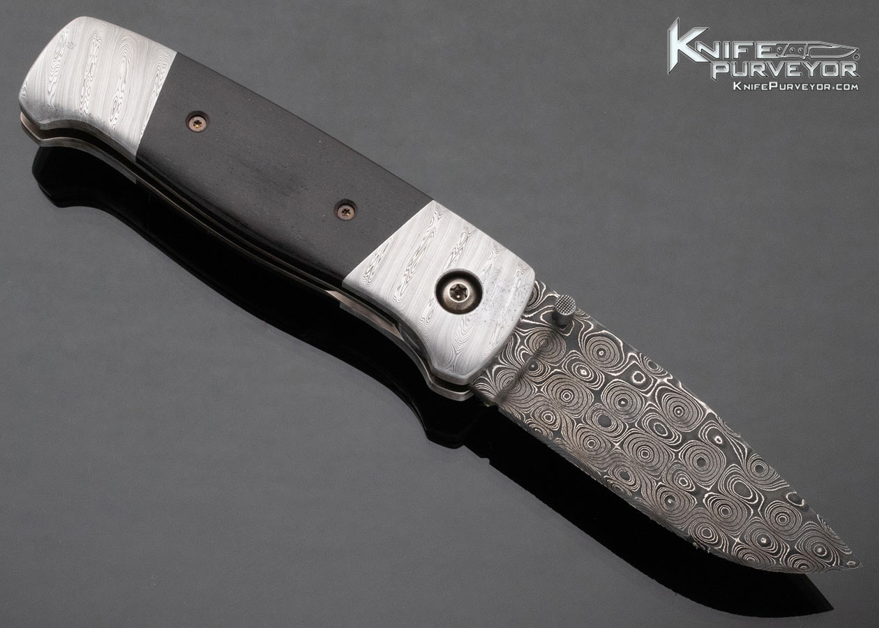 Eddie Baca Custom Knife African Blackwood Raindrop Damascus and Stainless Damascus Linerlock - Image 3