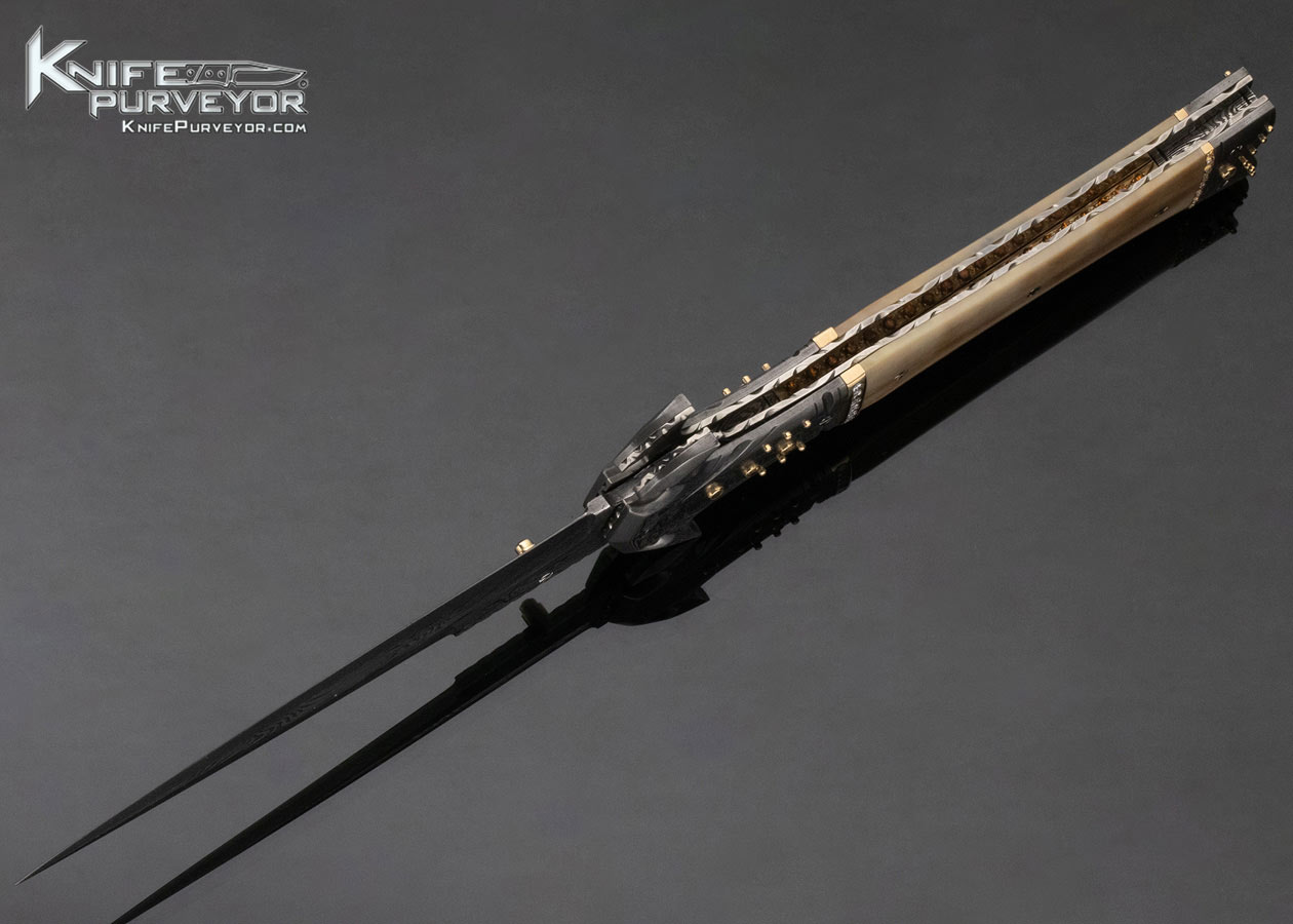 George Dailey Custom Knife Damascus & Walrus Linerlock Dagger Encrusted in Diamonds and Yellow Sapphires - Image 7