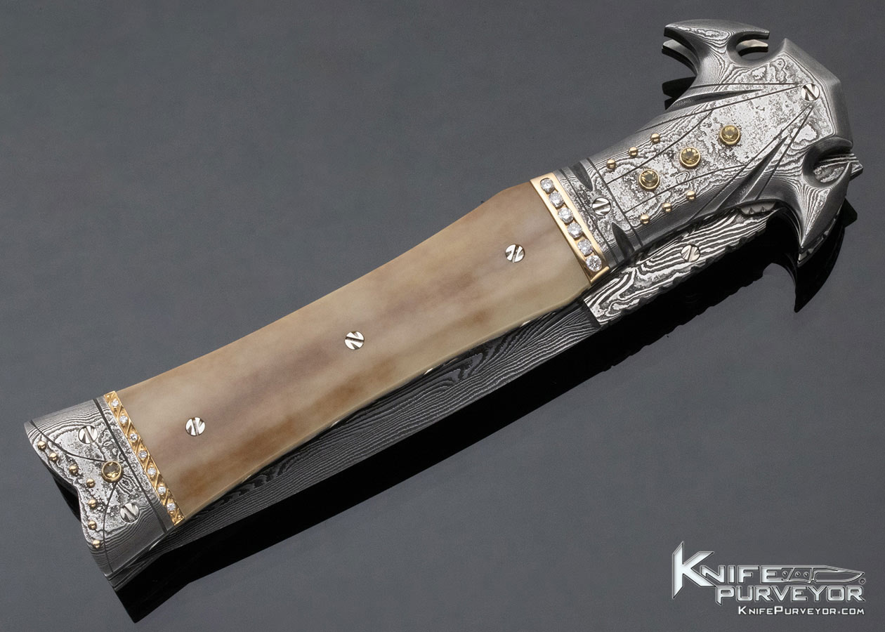 George Dailey Custom Knife Damascus & Walrus Linerlock Dagger Encrusted in Diamonds and Yellow Sapphires - Image 5