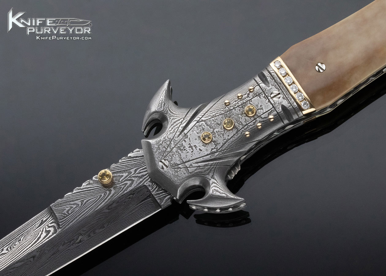 George Dailey Custom Knife Damascus & Walrus Linerlock Dagger Encrusted in Diamonds and Yellow Sapphires - Image 2