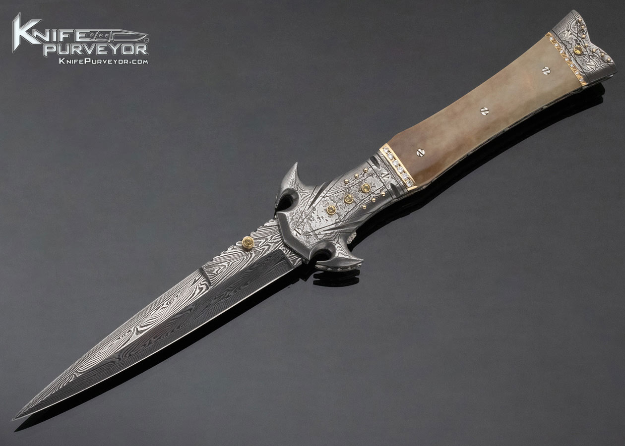 George Dailey Custom Knife Damascus and Walrus Linerlock Dagger Encrusted in Diamonds and Yellow Sapphires 15068