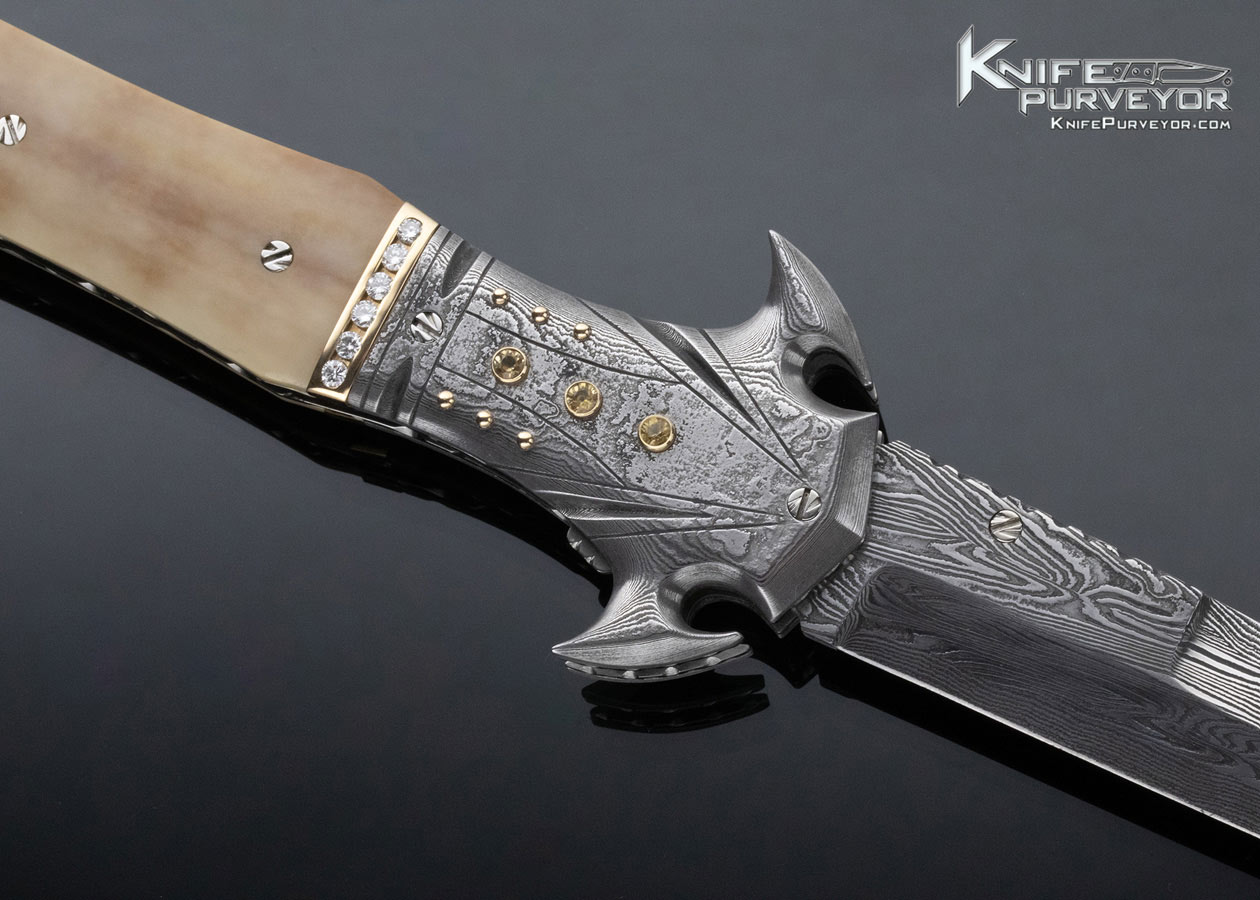 George Dailey Custom Knife Damascus & Walrus Linerlock Dagger Encrusted in Diamonds and Yellow Sapphires - Image 4
