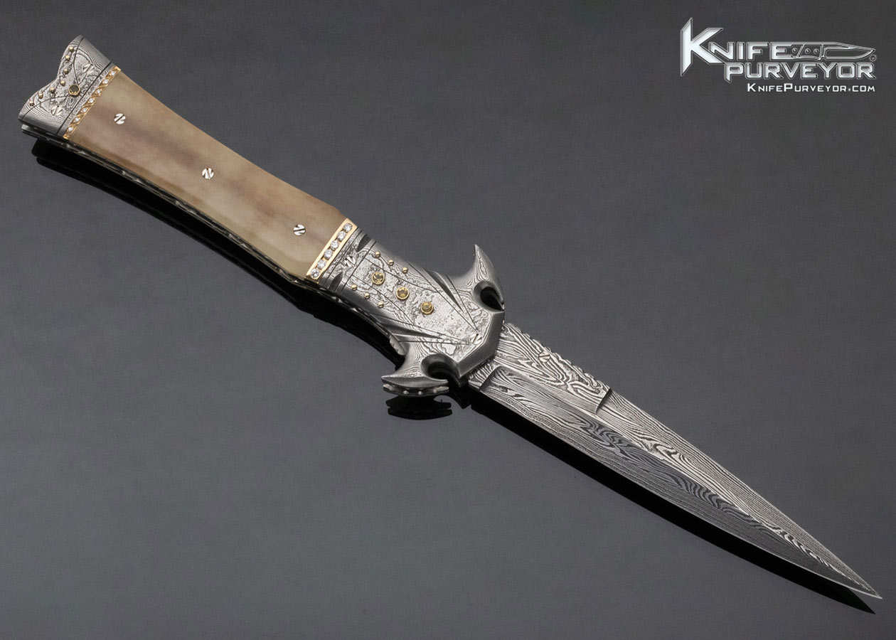 George Dailey Custom Knife Damascus & Walrus Linerlock Dagger Encrusted in Diamonds and Yellow Sapphires - Image 3