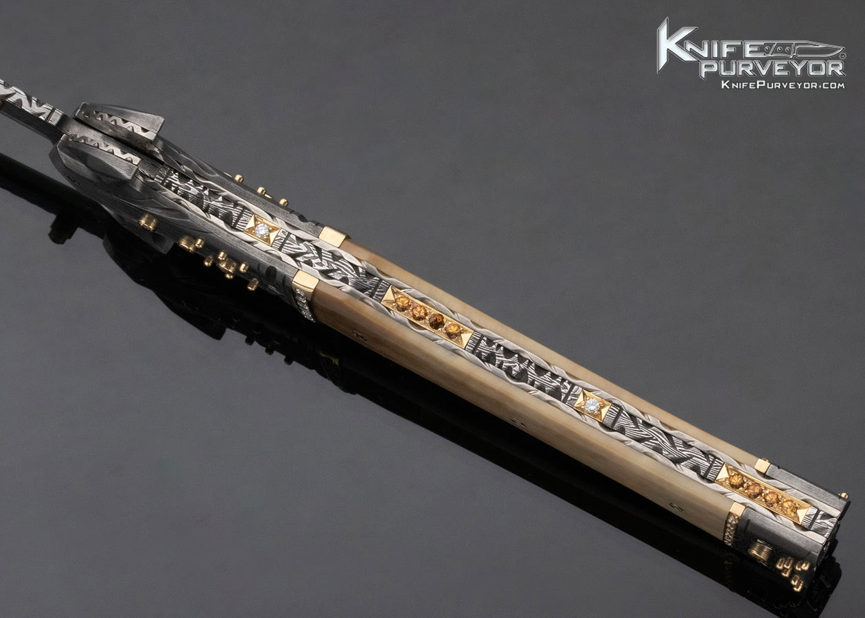 George Dailey Custom Knife Damascus & Walrus Linerlock Dagger Encrusted in Diamonds and Yellow Sapphires - Image 8