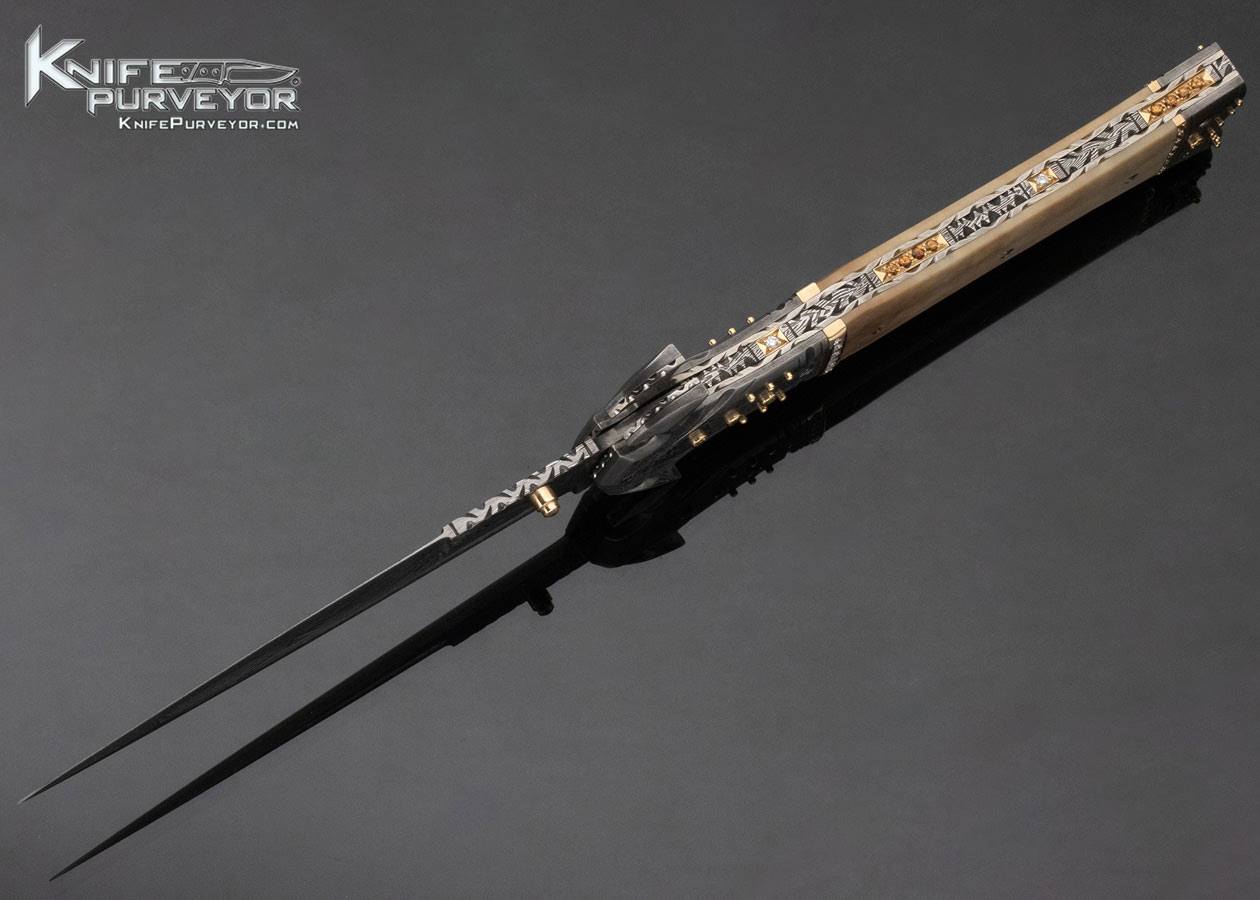 George Dailey Custom Knife Damascus & Walrus Linerlock Dagger Encrusted in Diamonds and Yellow Sapphires - Image 6