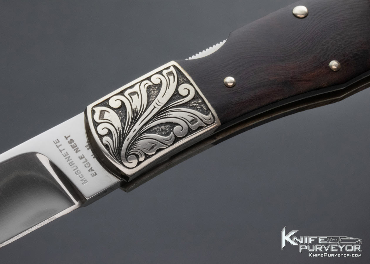 Harvey McBurnette Custom Knife Sole Authorship Engraved Nickel Silver and Ironwood Frontlock - Image 2