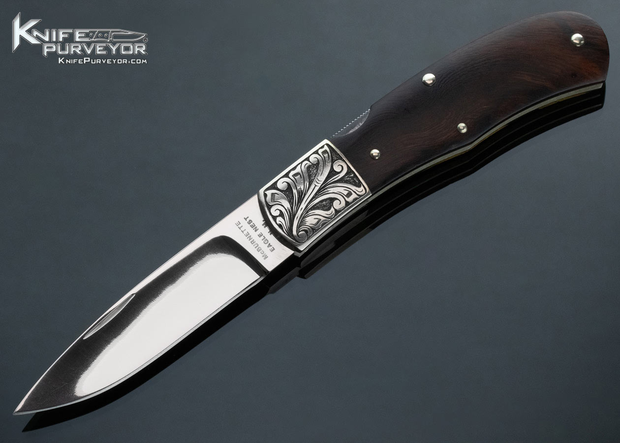 Harvey McBurnette Custom Knife Sole Authorship Engraved Nickel Silver and Ironwood Frontlock 14689