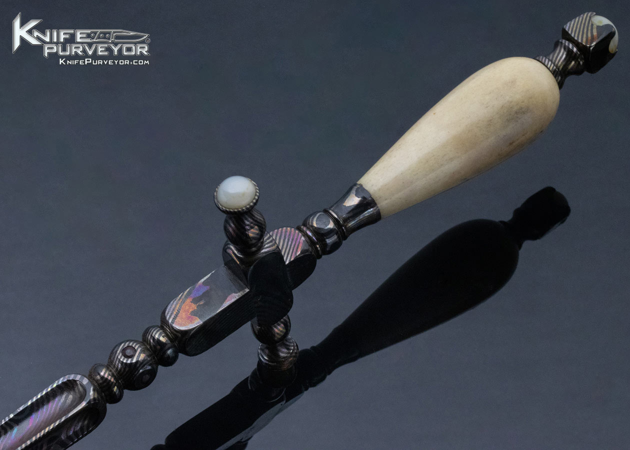 William Herndon Custom Knife Oosic and Blued Damascus Dagger with Pearl and Gemstone Inlays - Image 6