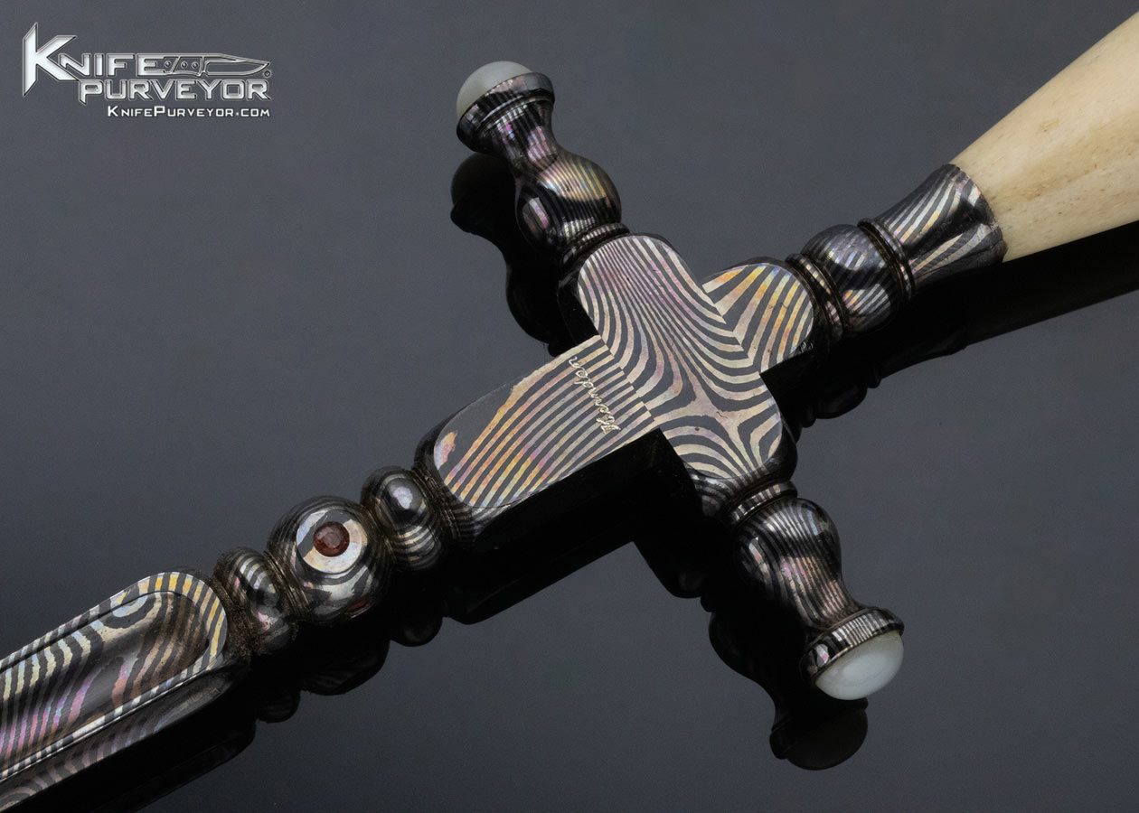 William Herndon Custom Knife Oosic and Blued Damascus Dagger with Pearl and Gemstone Inlays - Image 2