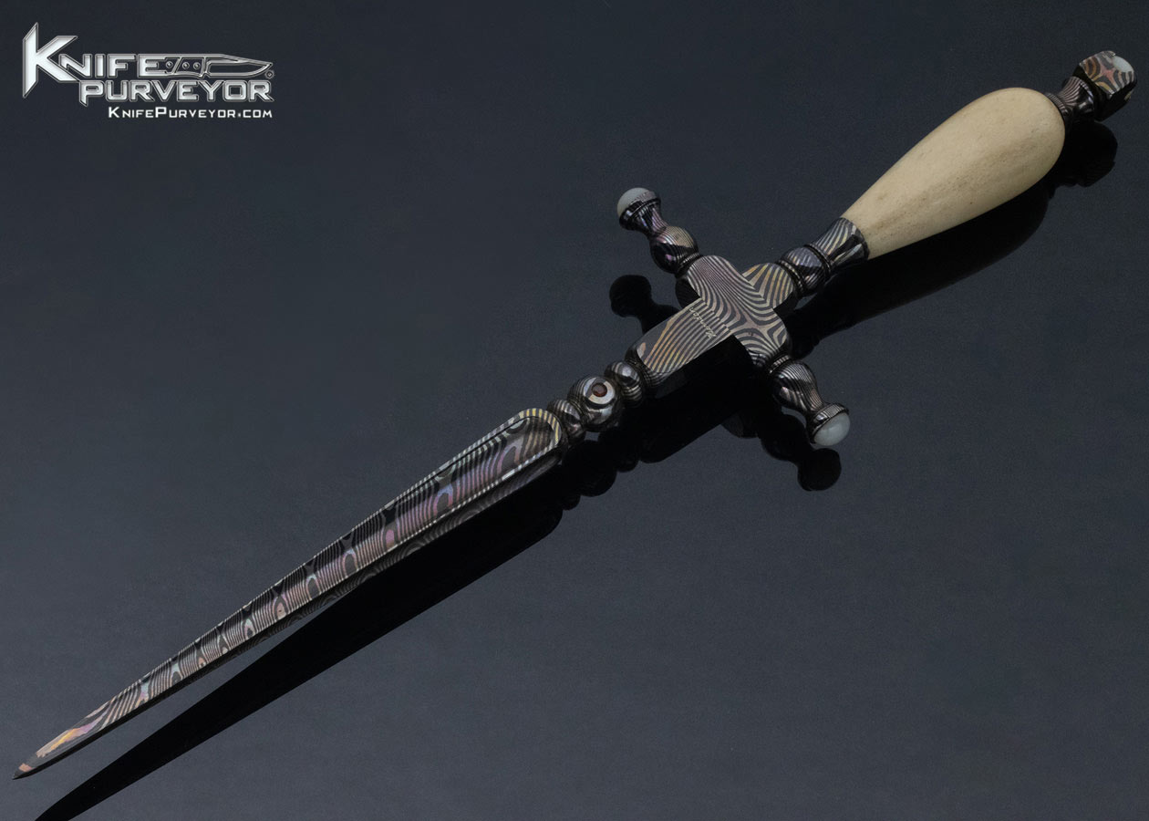 William Herndon Custom Knife Oosic and Blued Damascus Dagger with Pearl and Gemstone Inlays 12349