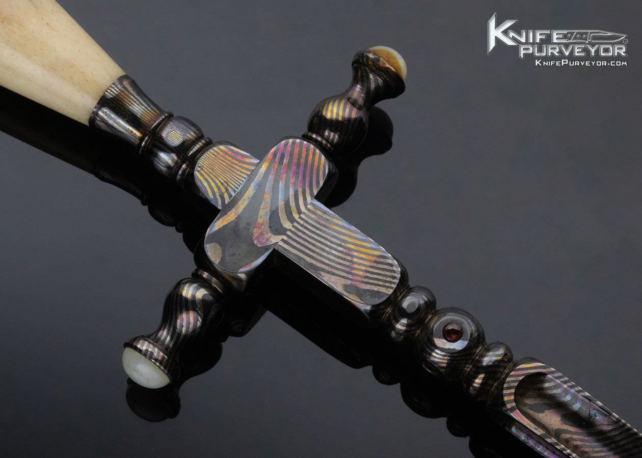 William Herndon Custom Knife Oosic and Blued Damascus Dagger with Pearl and Gemstone Inlays - Image 4