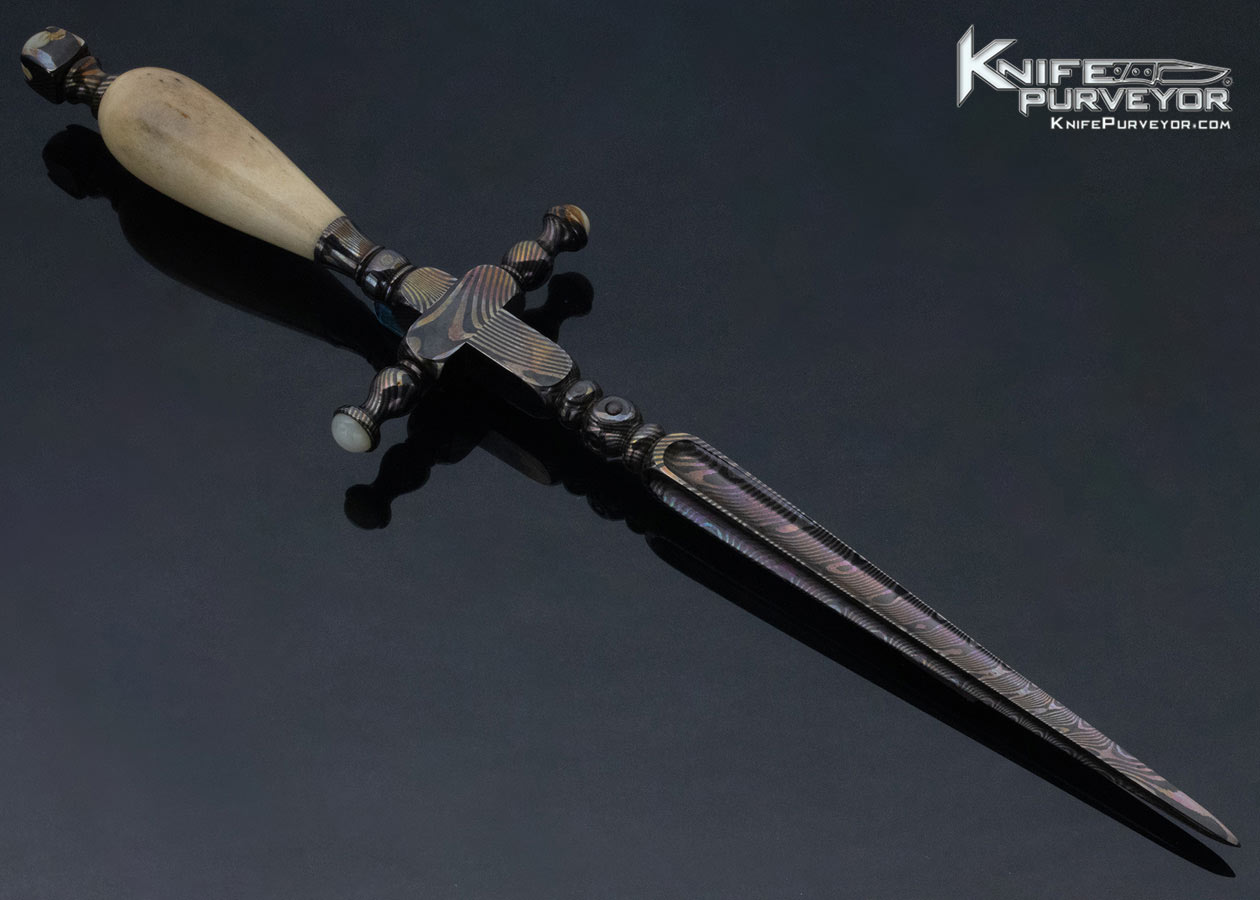 William Herndon Custom Knife Oosic and Blued Damascus Dagger with Pearl and Gemstone Inlays - Image 3
