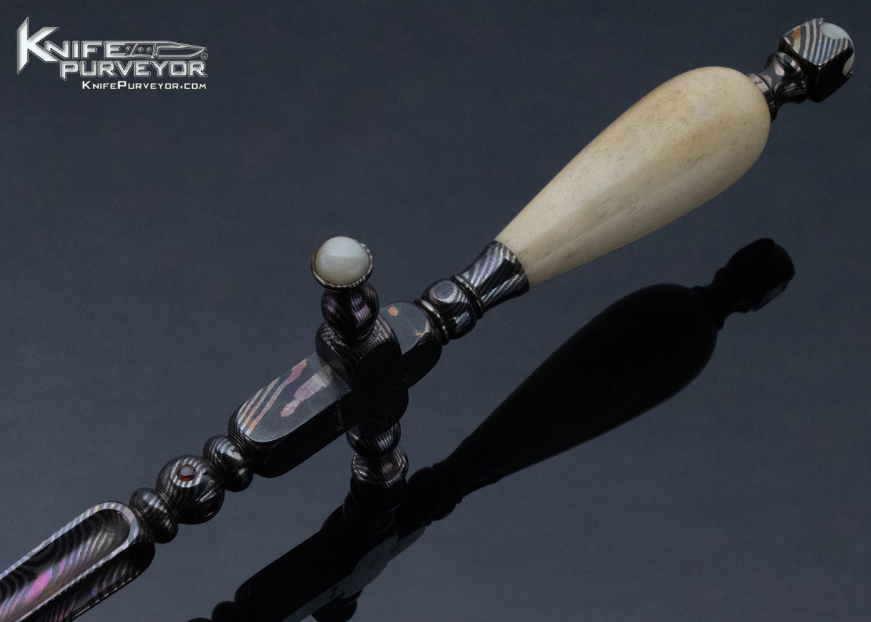 William Herndon Custom Knife Oosic and Blued Damascus Dagger with Pearl and Gemstone Inlays 12349