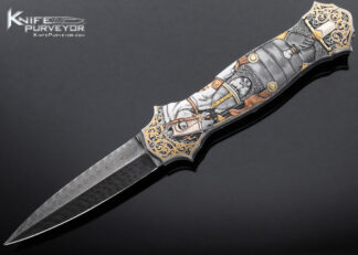 Joe Kious Custom Knife Double Pocket Locket Auto "Warrior & Battlefield" Engraved by C.J. Cai Finished with Diamond Encrusted 14Kt Gold Toothpick and Front Lock 15269