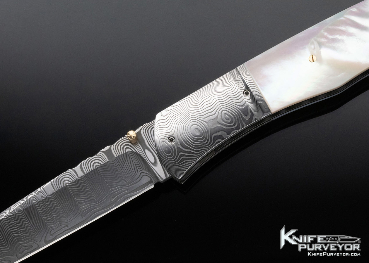John W. Smith Custom Knife Mother of Pearl and Damasteel Damascus Linerlock - Image 2