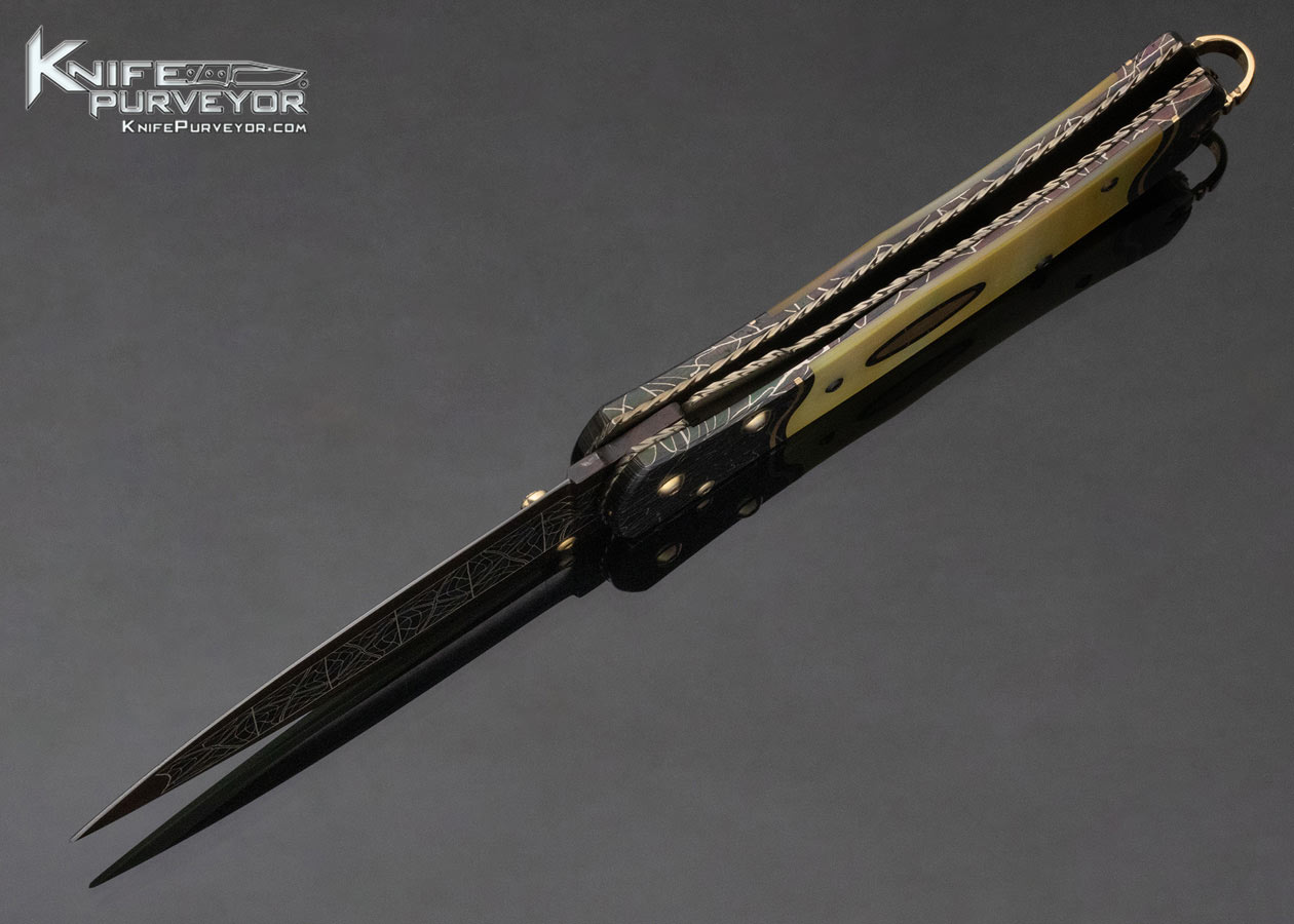 Matthew Lerch Custom Knife Robert Eggerling Mosaic Damascus with 24 Kt Gold Inlaid South Sea Gold Lip Pearl Linerlock - Image 7