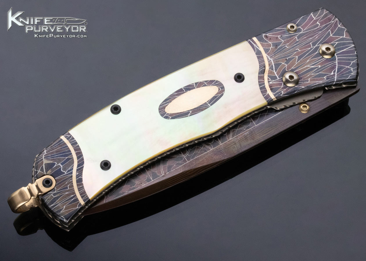 Matthew Lerch Custom Knife Robert Eggerling Mosaic Damascus with 24 Kt Gold Inlaid South Sea Gold Lip Pearl Linerlock - Image 5