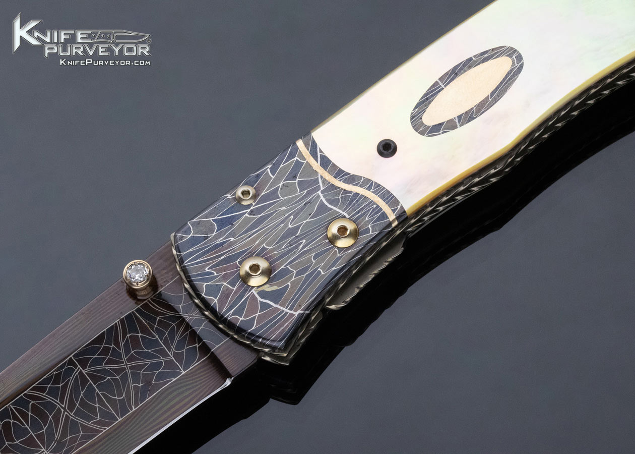 Matthew Lerch Custom Knife Robert Eggerling Mosaic Damascus with 24 Kt Gold Inlaid South Sea Gold Lip Pearl Linerlock - Image 2