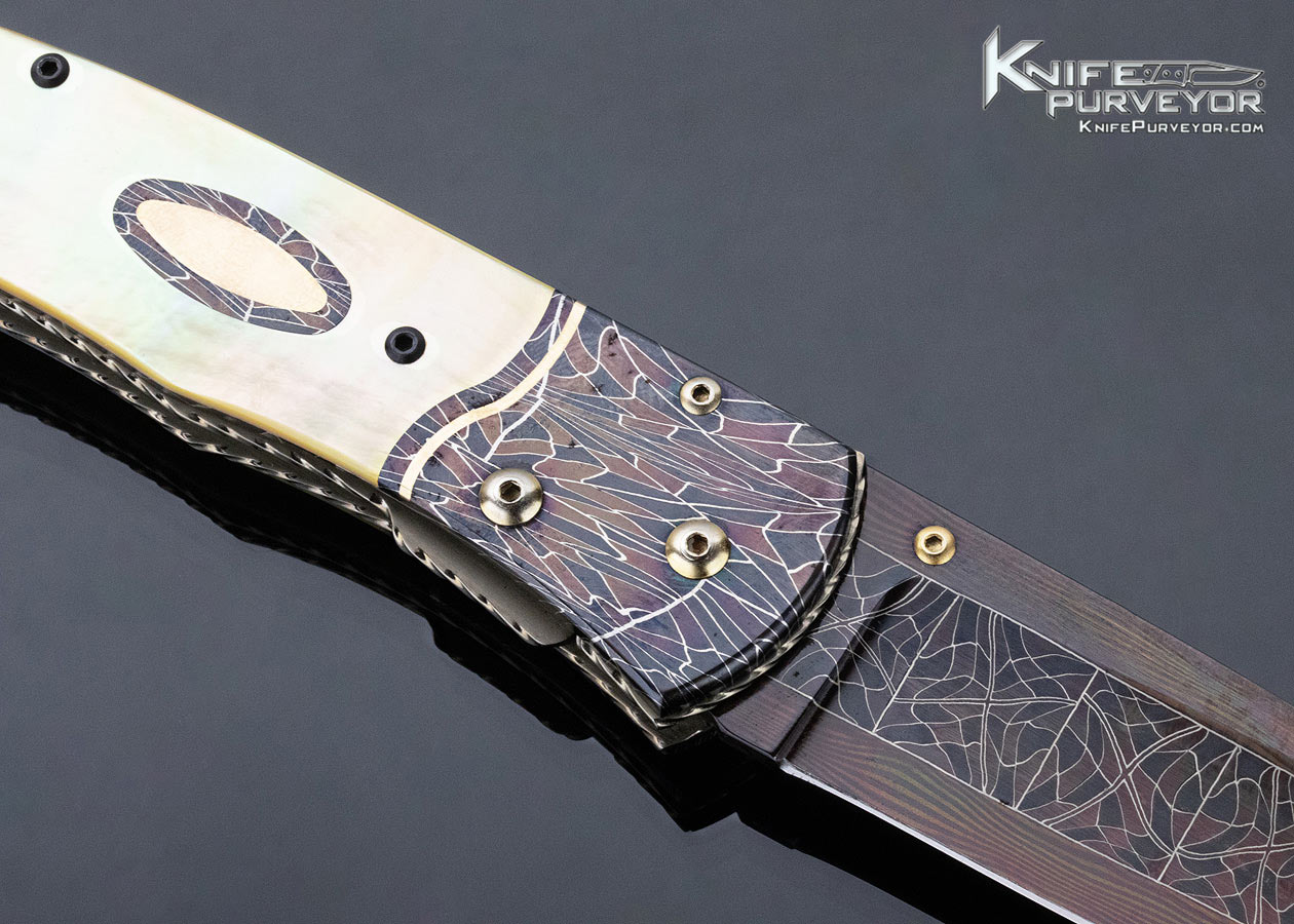Matthew Lerch Custom Knife Robert Eggerling Mosaic Damascus with 24 Kt Gold Inlaid South Sea Gold Lip Pearl Linerlock - Image 4
