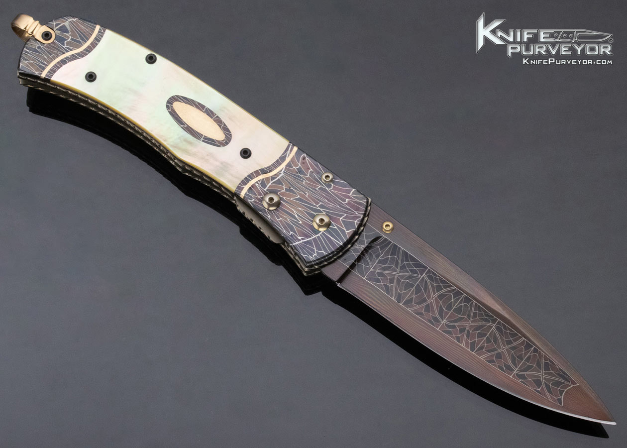 Matthew Lerch Custom Knife Robert Eggerling Mosaic Damascus with 24 Kt Gold Inlaid South Sea Gold Lip Pearl Linerlock - Image 3