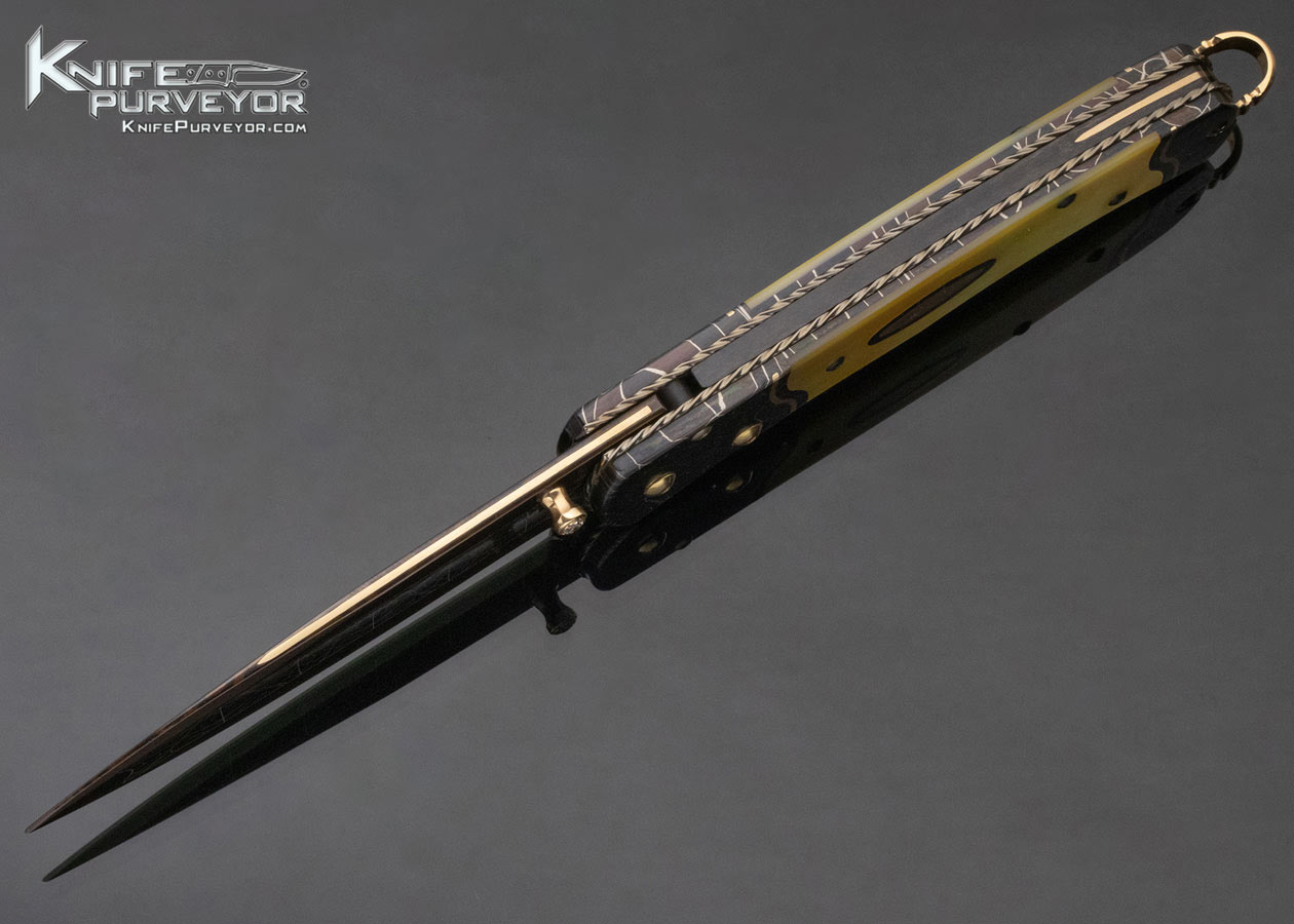 Matthew Lerch Custom Knife Robert Eggerling Mosaic Damascus with 24 Kt Gold Inlaid South Sea Gold Lip Pearl Linerlock - Image 6