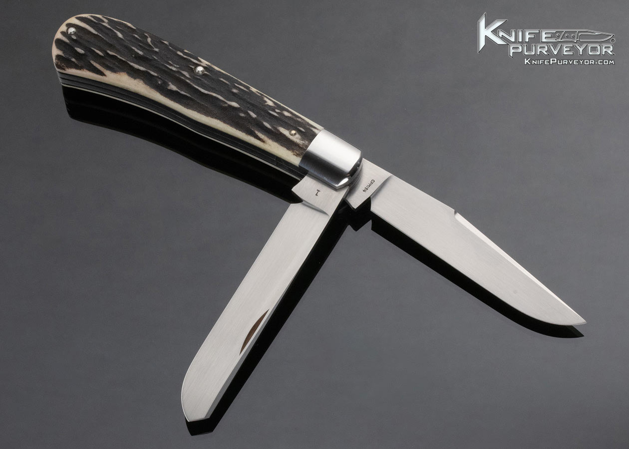 Reese Bose Custom Knife 2 Blade Sambar Stag Trapper with Half Stops and Federal Shield Slipjoint - Image 3