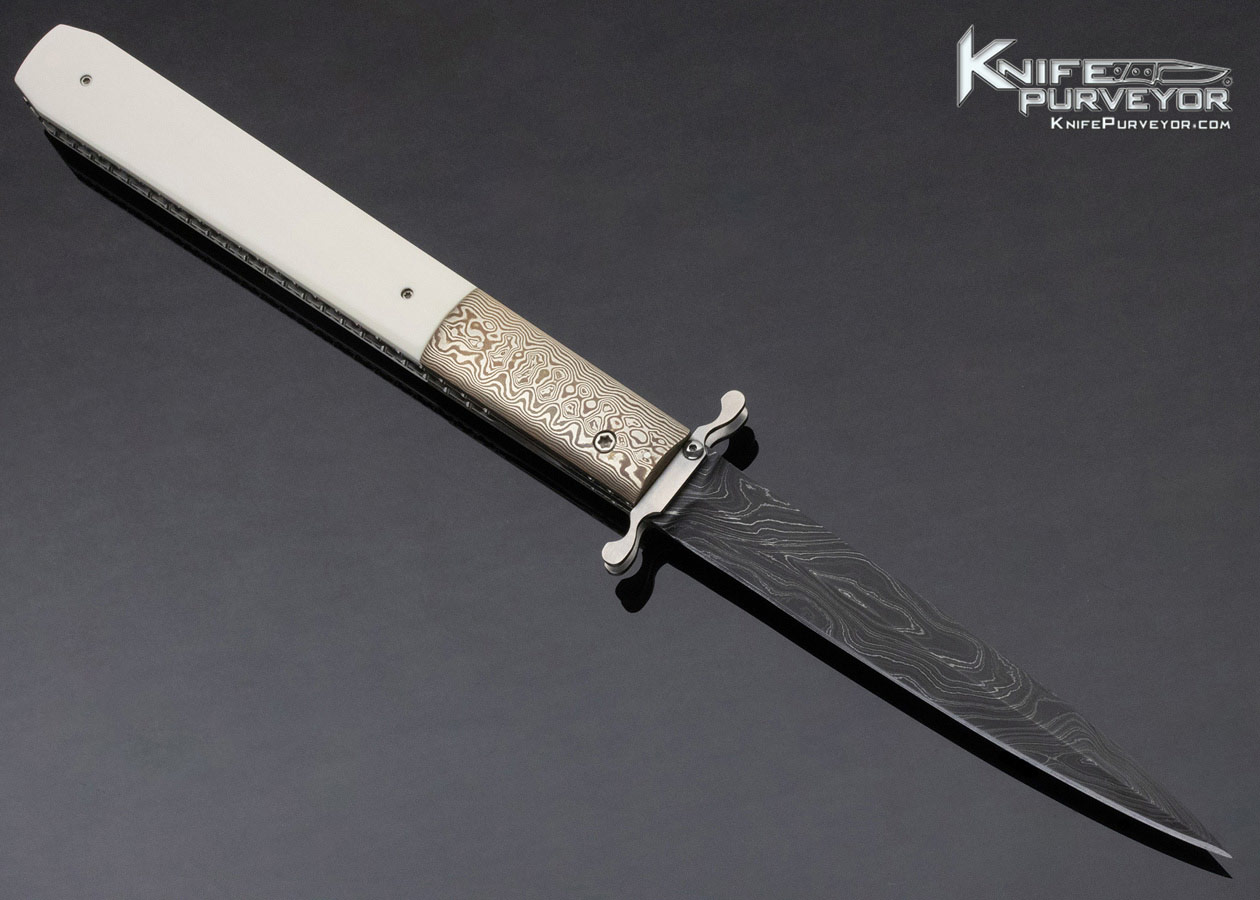Reese Weiland Custom Knife Fossilized Walrus & Damascus Linerlock Swing Guard Automatic - Image 3