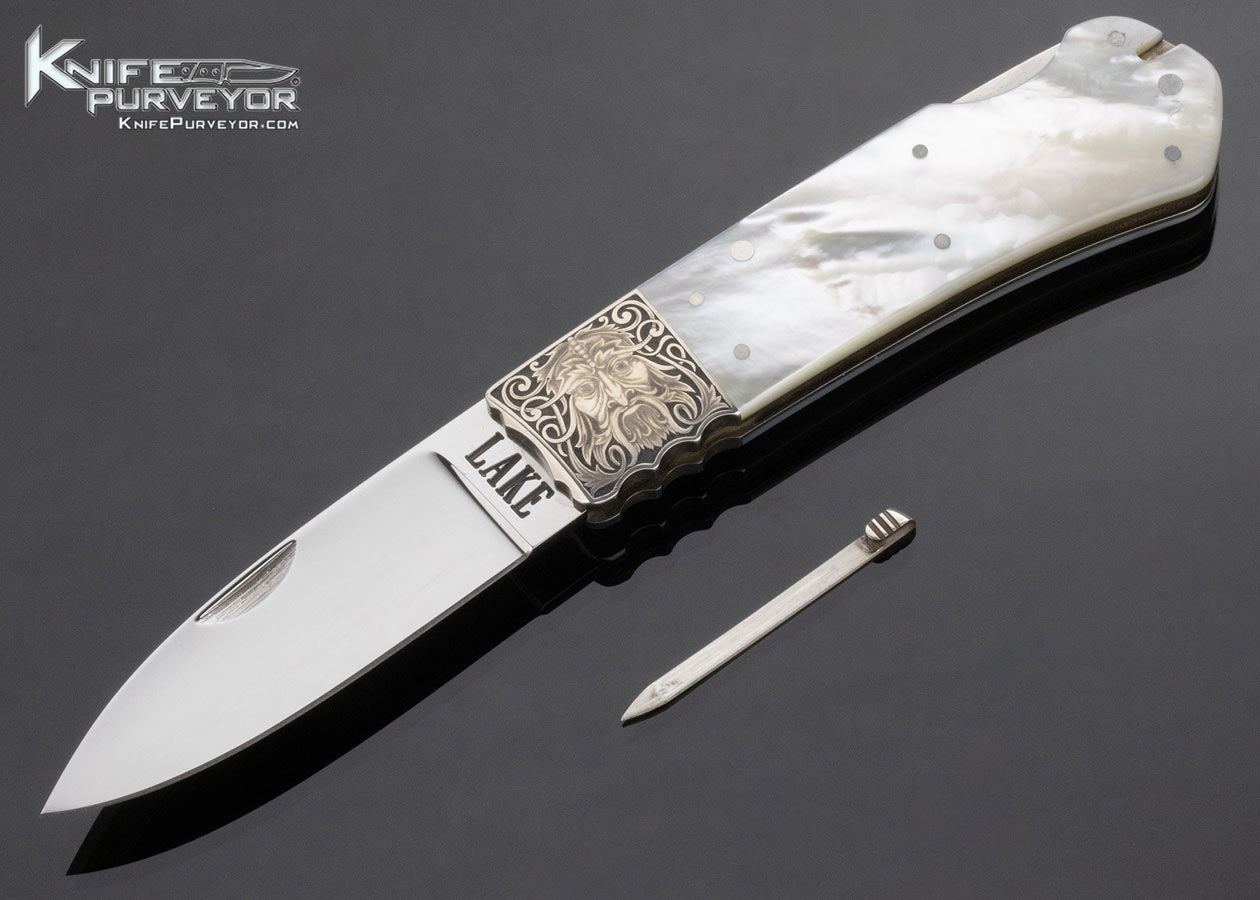 Ron Lake Custom Knife Lisa Tomlin Engraved Mother of Pearl Gentleman's Folder with Toothpick 14756