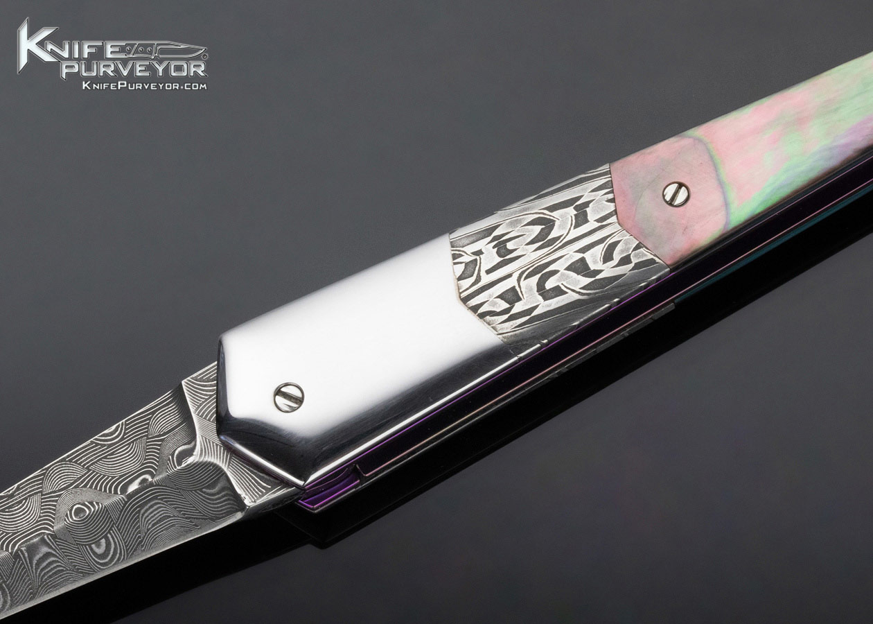 Stephen Olszewski Custom Knife Black Lip Tahitian Pearl Shell Mosaic Damascus & Polished Steel "Pendulum" Linerlock - Image 2
