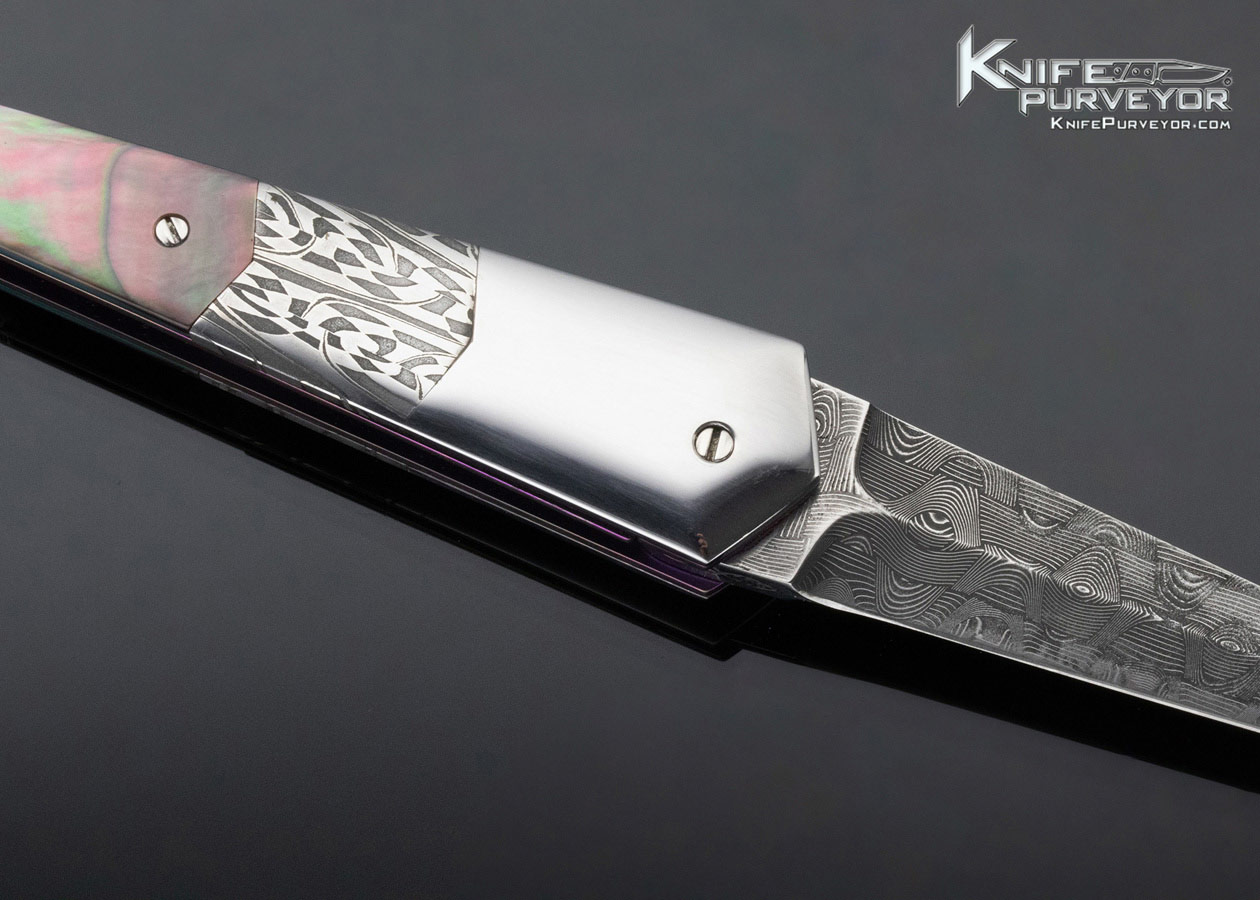 Stephen Olszewski Custom Knife Black Lip Tahitian Pearl Shell Mosaic Damascus & Polished Steel "Pendulum" Linerlock - Image 4