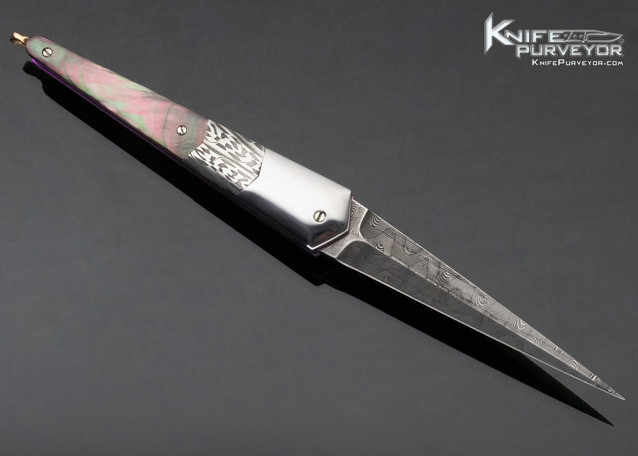 Stephen Olszewski Custom Knife Black Lip Tahitian Pearl Shell Mosaic Damascus & Polished Steel "Pendulum" Linerlock - Image 3