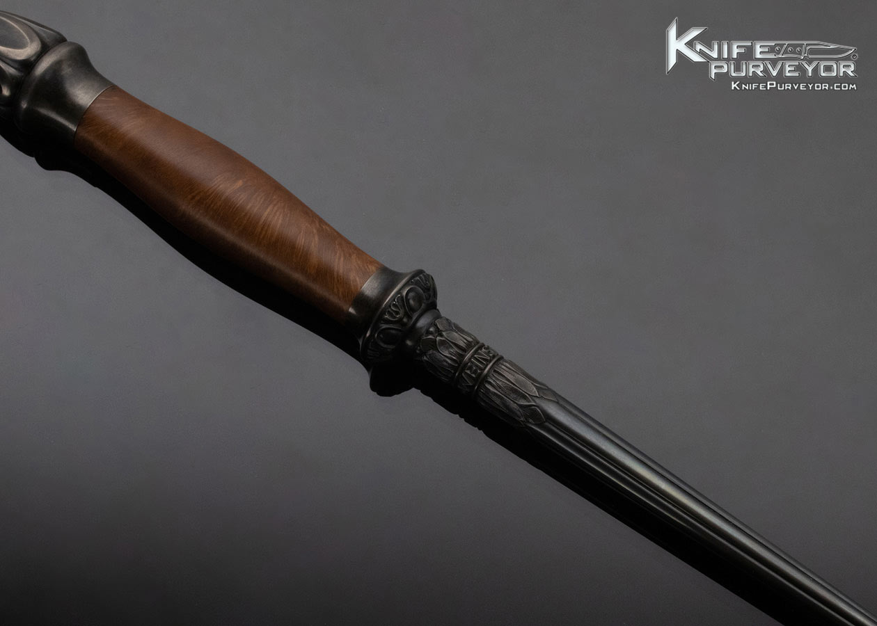 Robert Weinstock Custom Knife Deep Relief Engraved Blued Steel and Desert Ironwood Rondel Dagger - Image 4
