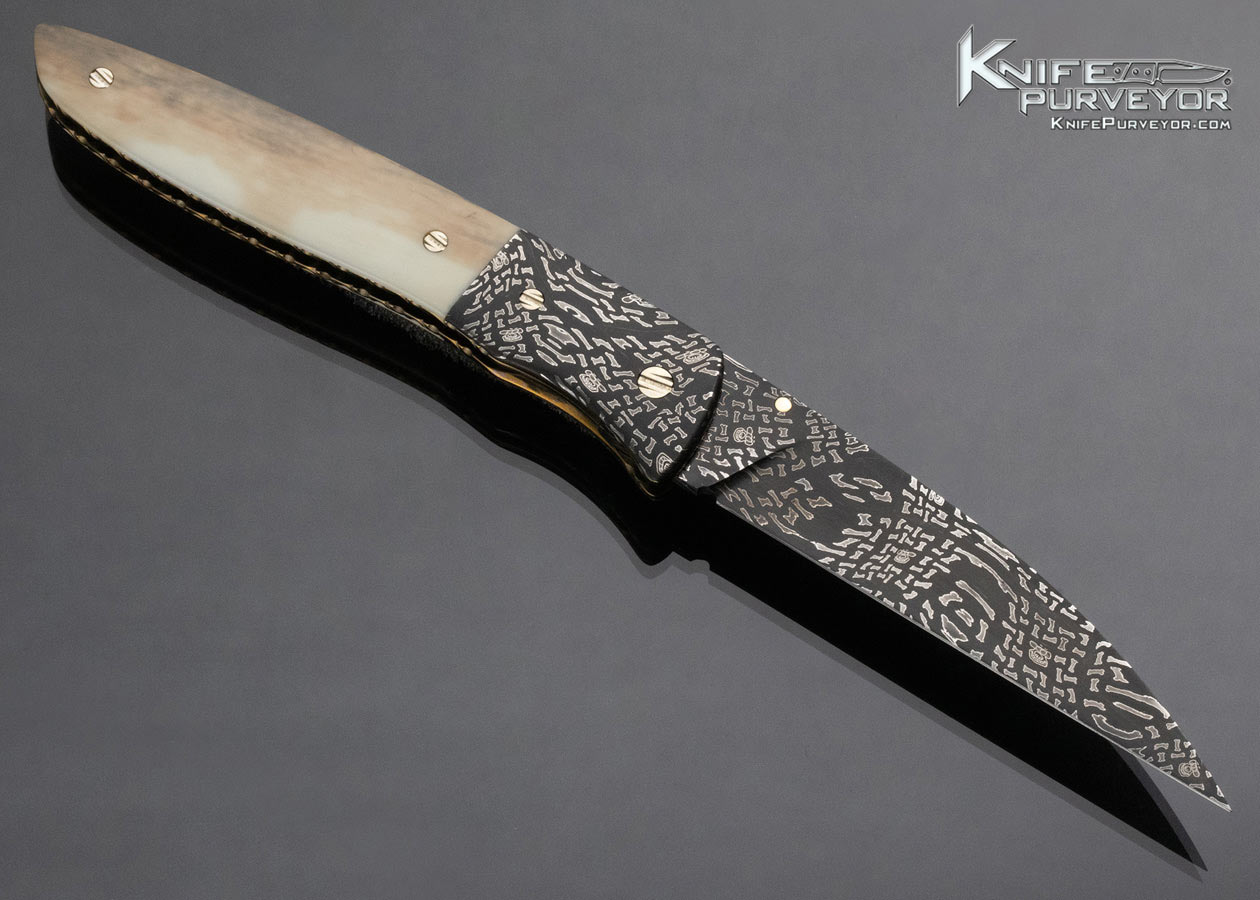 Cliff Parker Custom Knife Sole Authorship Mosaic Damascus and Fossil Walrus Linerlock - Image 3