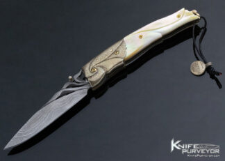 Donald Bell Custom Knife Carved Damascus, Mokume and South Sea Gold Lip Pearl Linerlock 16431