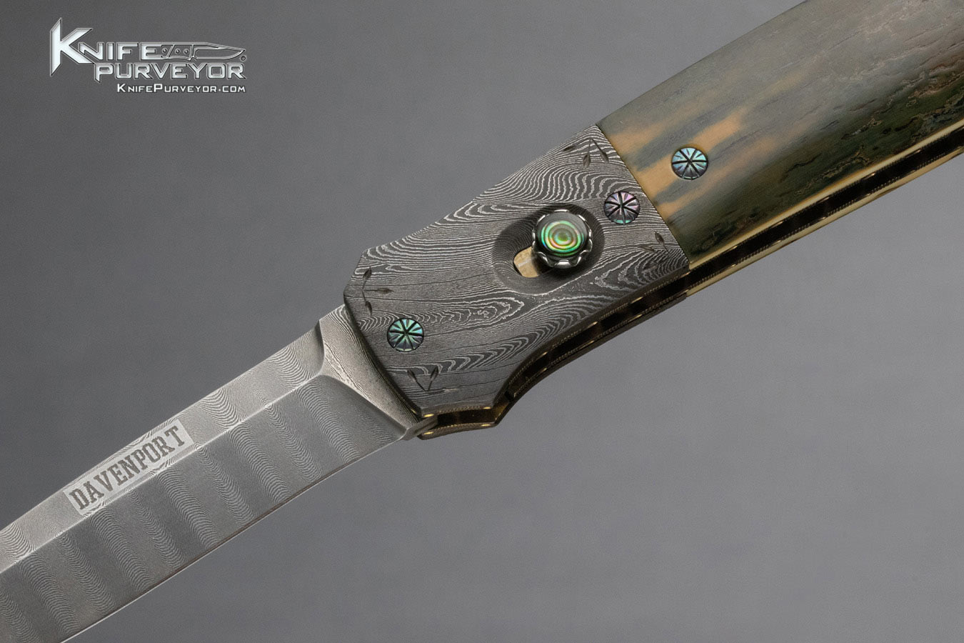 Jack Davenport Custom Knife Damascus and Mammoth and Abalone Automatic Linerlock - Image 2
