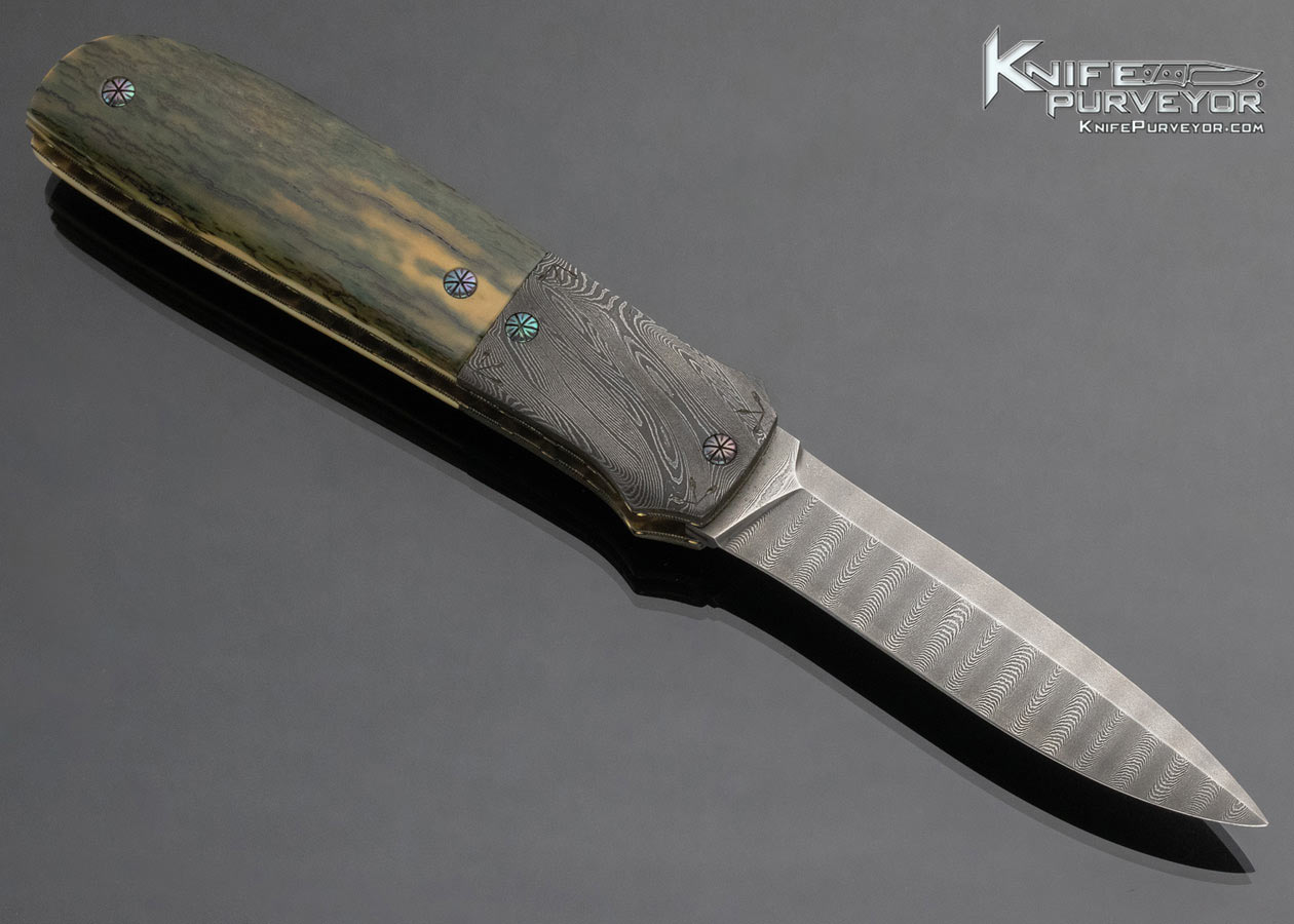 Jack Davenport Custom Knife Damascus and Mammoth and Abalone Automatic Linerlock - Image 4