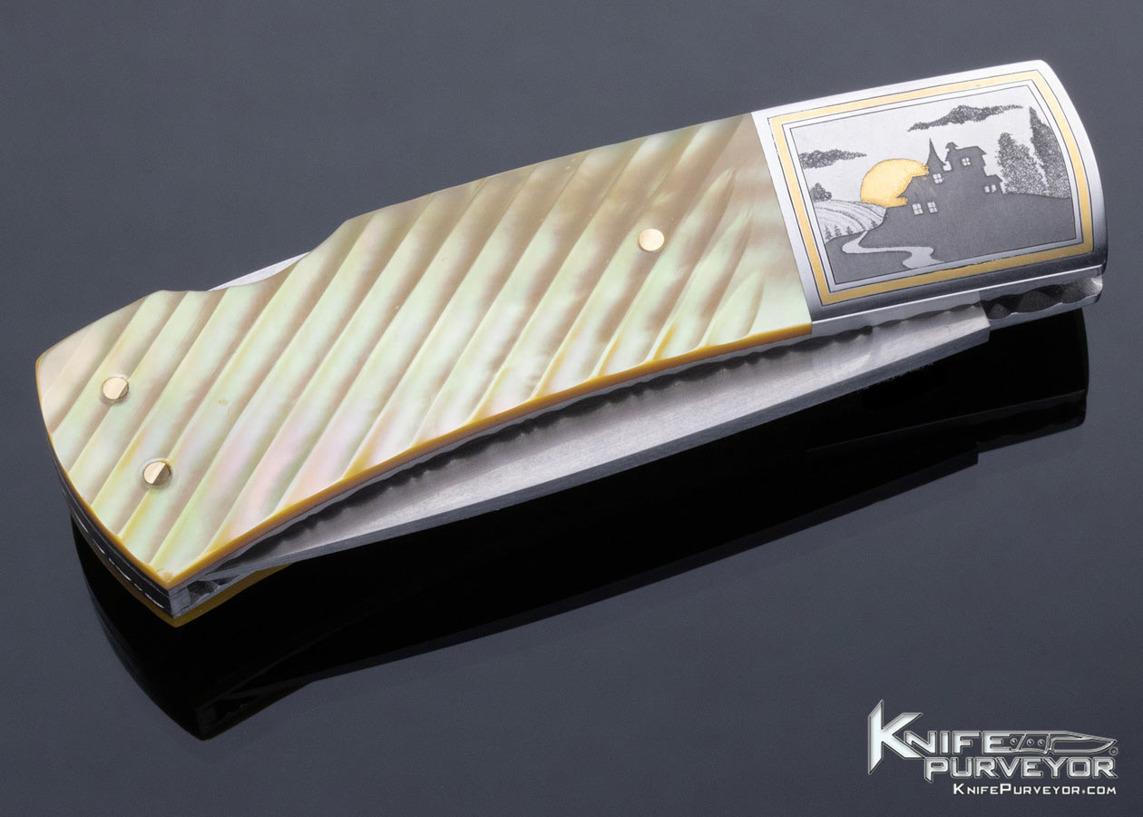 John W. Smith Custom Knife Engraved Fluted South Sea Gold Lip Pearl Lockback - Image 5