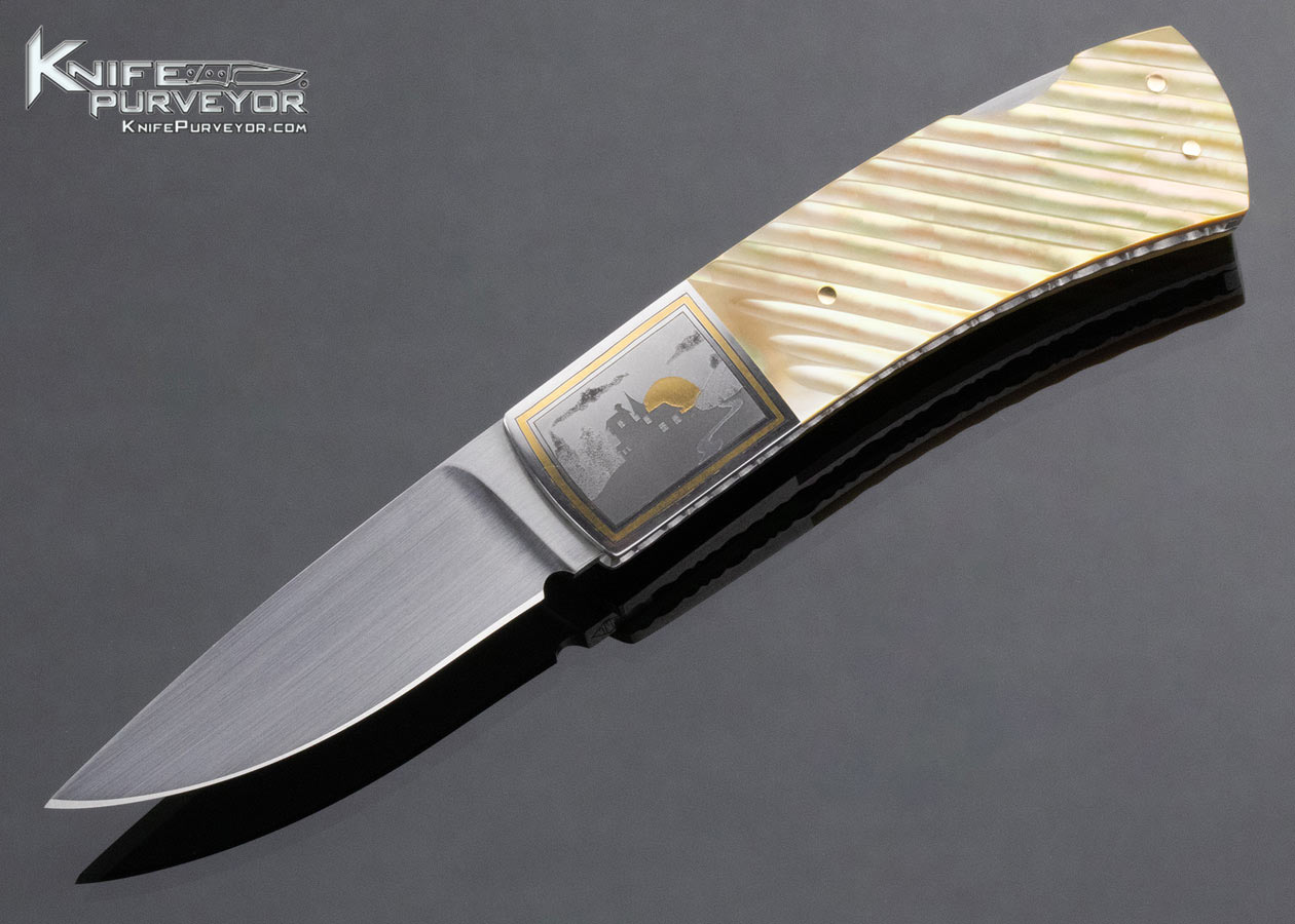 John W. Smith Custom Knife Engraved Fluted South Sea Gold Lip Pearl Lockback 14803