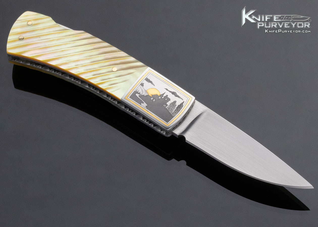 John W. Smith Custom Knife Engraved Fluted South Sea Gold Lip Pearl Lockback - Image 3