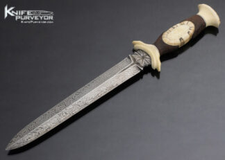 Roger Bergh Custom Knife Fossilized Walrus, African Blackwood, Damascus and Mammoth Dagger 14818