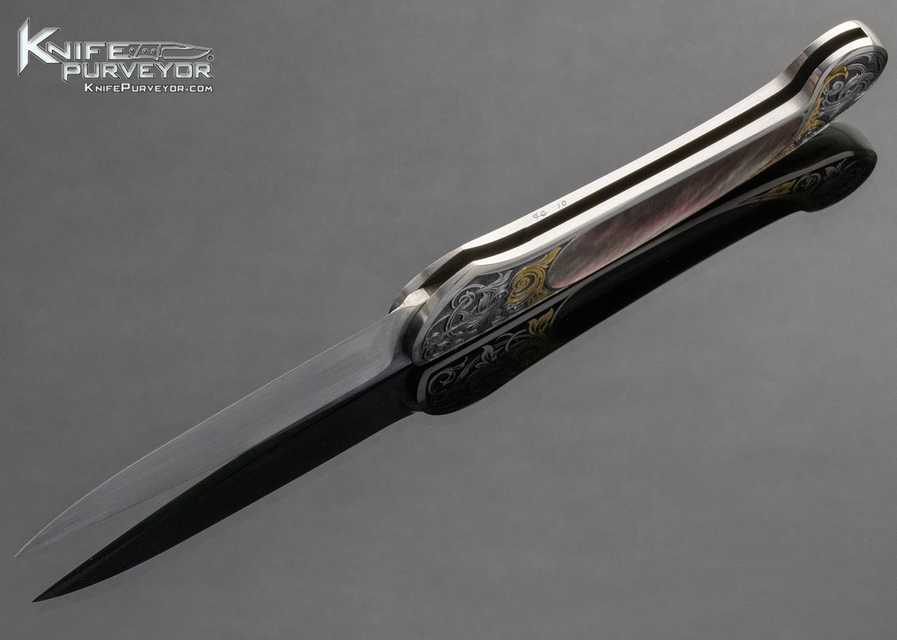 Steve Hoel Custom Knife Black Lip Tahitian Pearl Shell Interframe Lockback Engraved by Tim George - Image 5