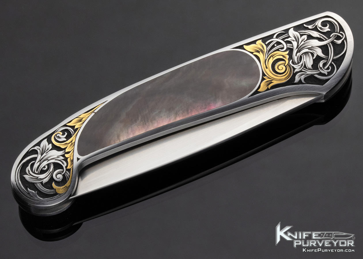 Steve Hoel Custom Knife Black Lip Tahitian Pearl Shell Interframe Lockback Engraved by Tim George - Image 4