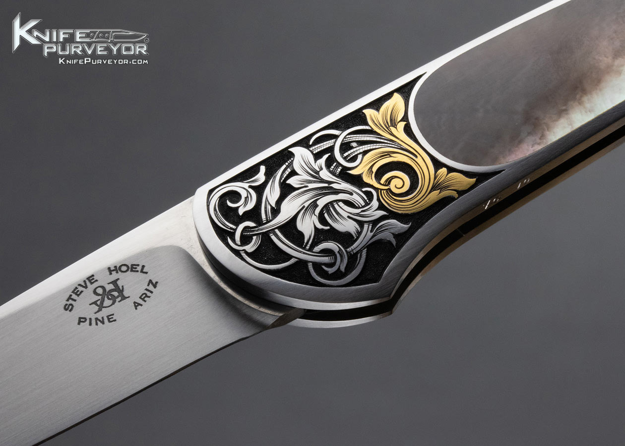 Steve Hoel Custom Knife Black Lip Tahitian Pearl Shell Interframe Lockback Engraved by Tim George 13074