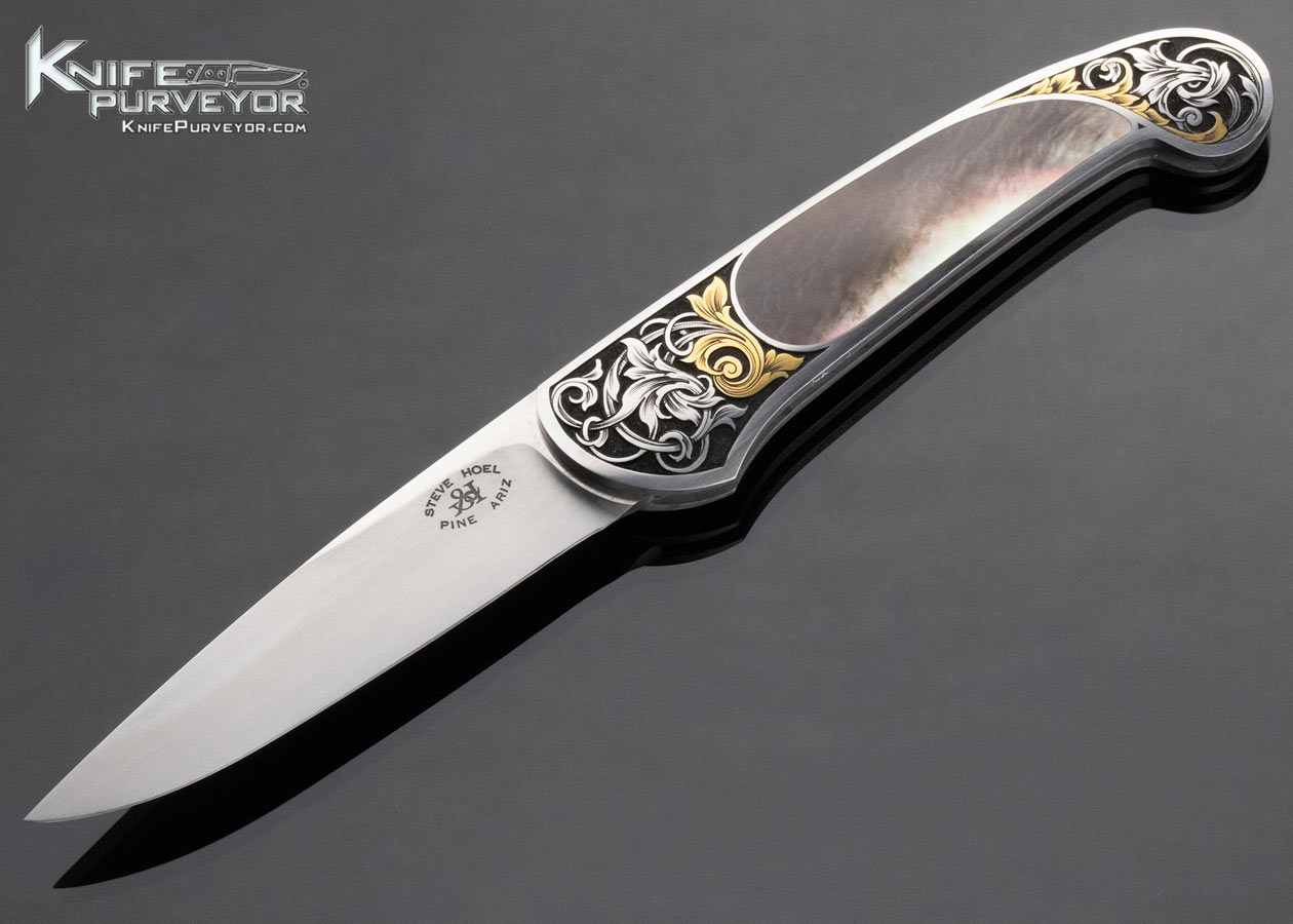 Steve Hoel Custom Knife Black Lip Tahitian Pearl Shell Interframe Lockback Engraved by Tim George 13074