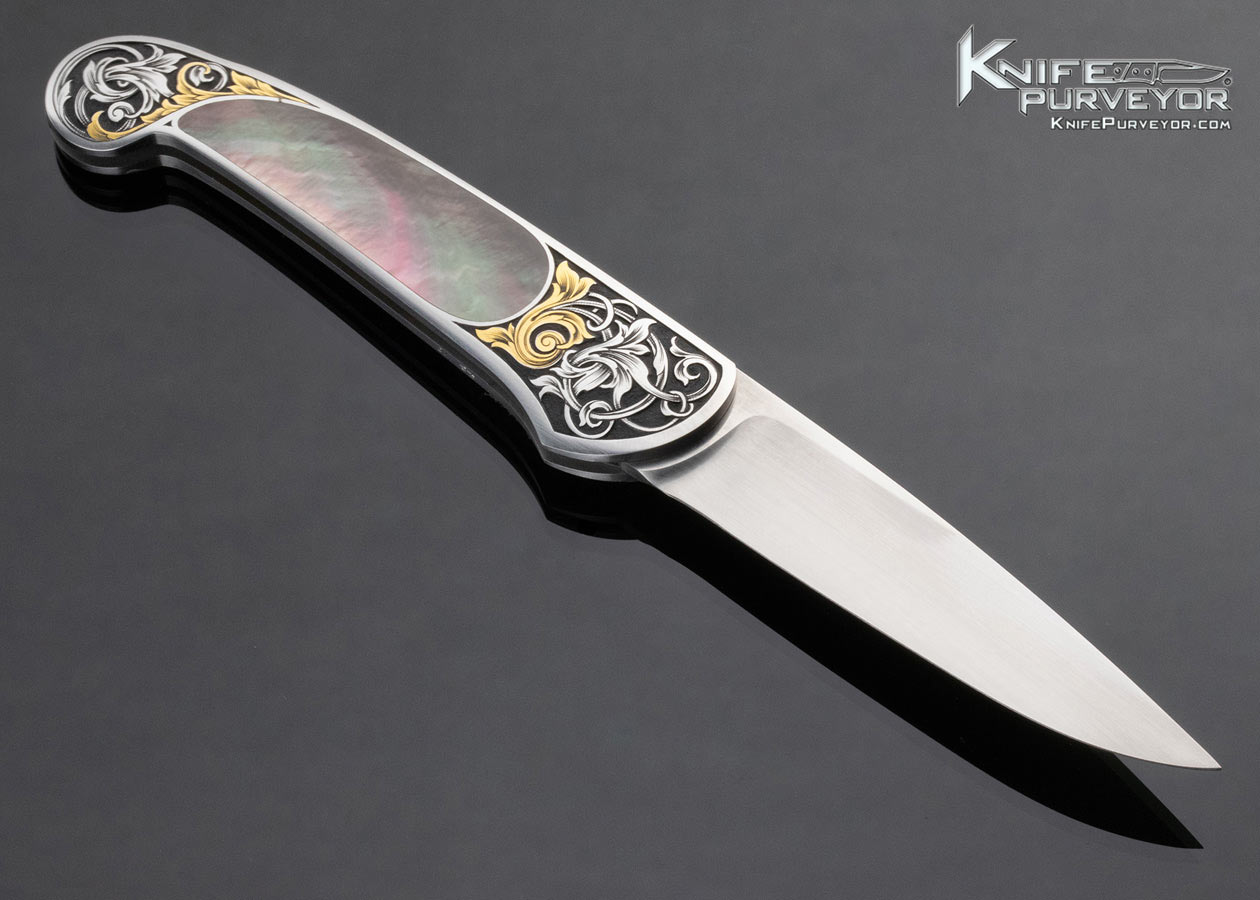 Steve Hoel Custom Knife Black Lip Tahitian Pearl Shell Interframe Lockback Engraved by Tim George - Image 3