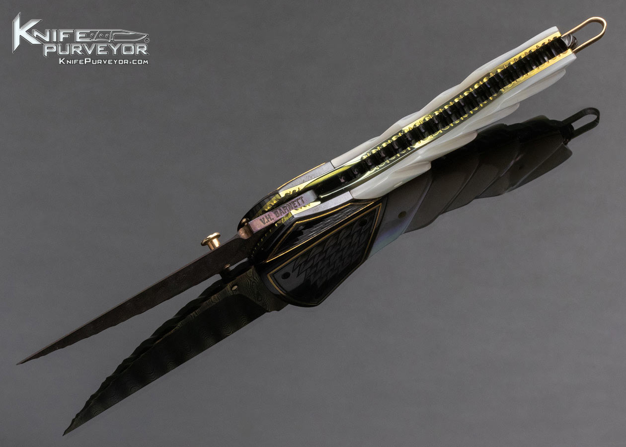 Van Barnett Custom Knife Sole Authorship Engraved Damascus and Fluted Pearl Linerlock 14829