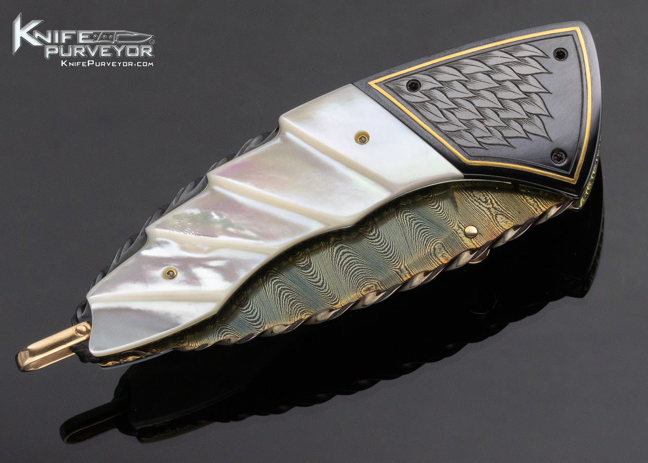 Van Barnett Custom Knife Sole Authorship Engraved Damascus and Fluted Pearl Linerlock - Image 5