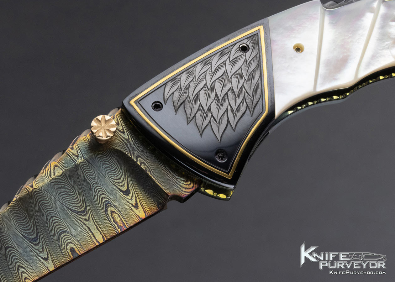 Van Barnett Custom Knife Sole Authorship Engraved Damascus and Fluted Pearl Linerlock - Image 2