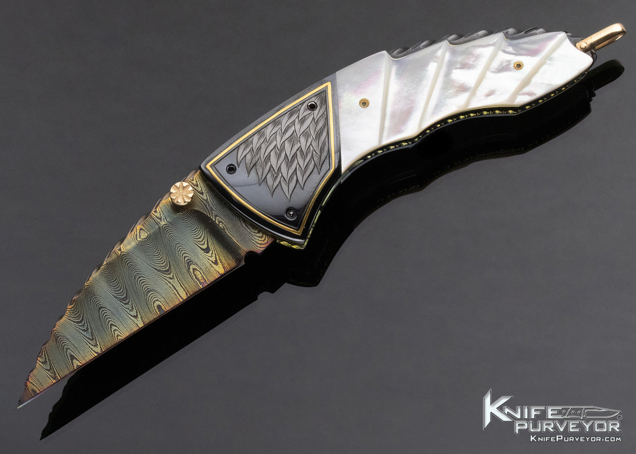 Van Barnett Custom Knife Sole Authorship Engraved Damascus and Fluted Pearl Linerlock 14829